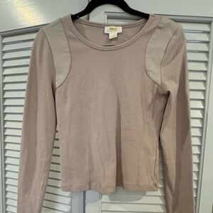 Anthropologie Taupe Long Sleeve Top with Faux Leather Accents